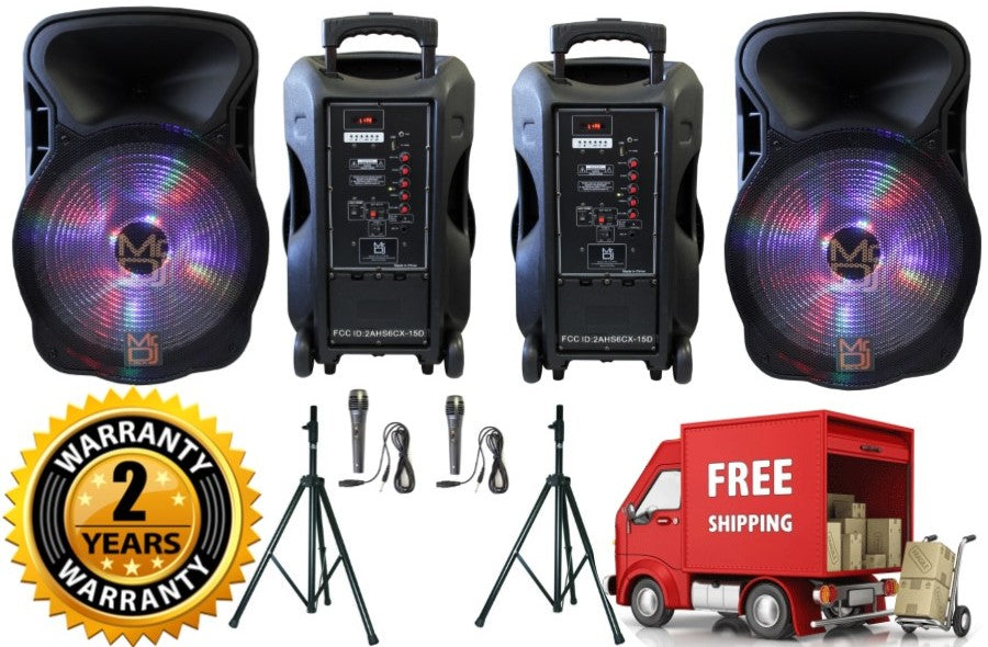 2 MR DJ DJ15-BTA 3000W PA FM Radio Bluetooth DJ Speaker Microphone, 2 Spk stands