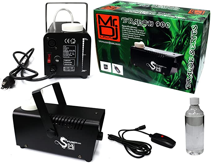 MR DJ DRAGON900 portable fog machine with remote, fog fluid, and components for quick heat-up thick fog.