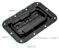  Black speaker cabinet handle plate with multiple screws and mounting holes for sturdy installation.