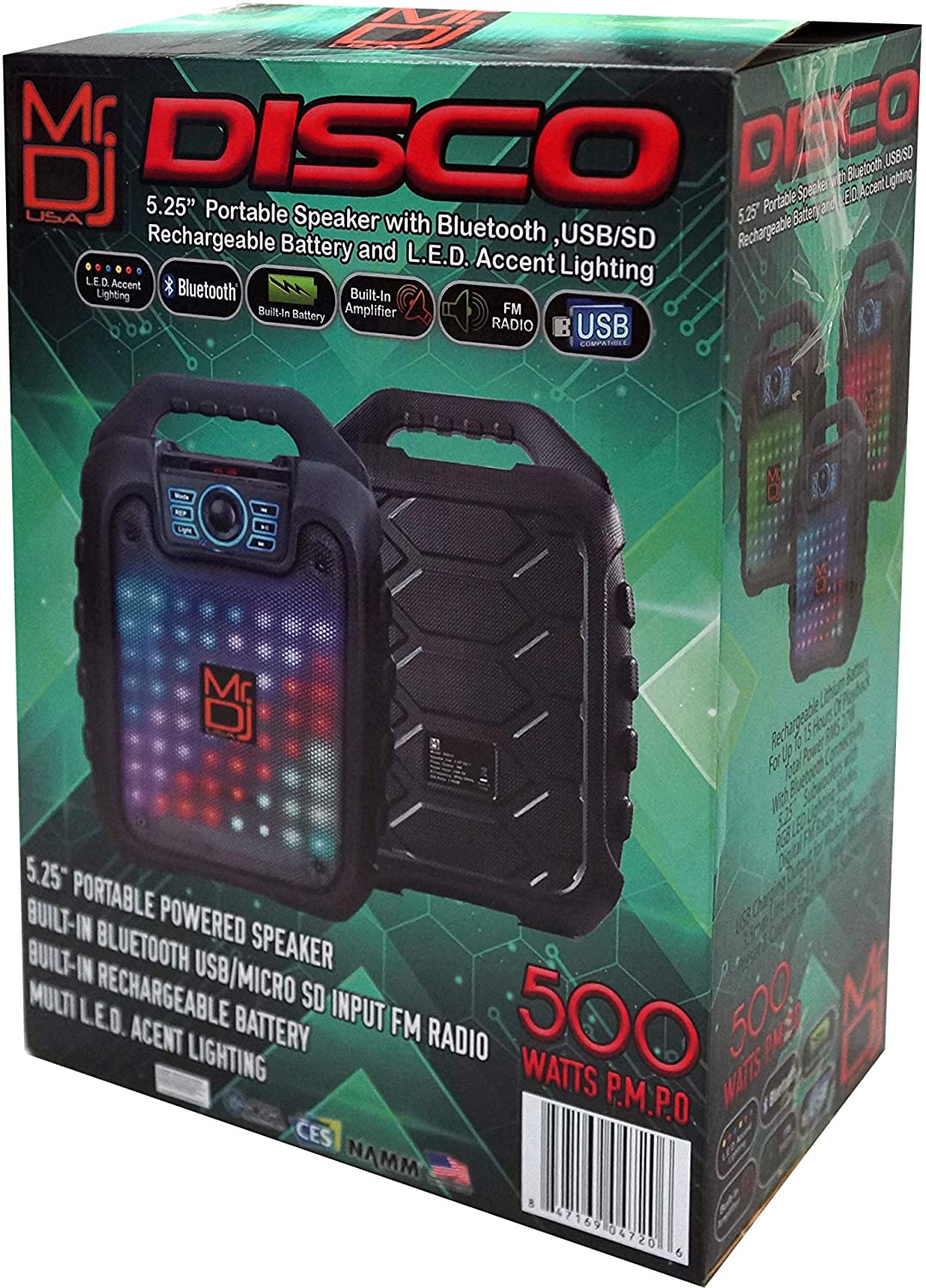 MR. DJ DISCO 5.25" portable speaker w/ Bluetooth rechargeable battery & led light