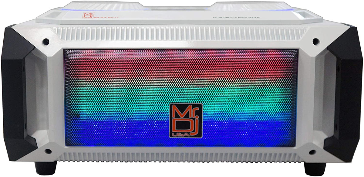 MR DJ Matrix White Bluetooth Speaker Bluetooth Karaoke Machine Sound Activated Lights FM Radio, USB/Micro SD Card, & LED Party Light Perfect for Party
