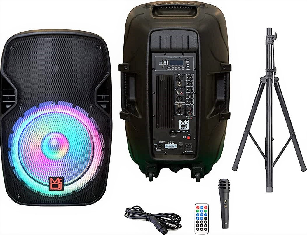 2 MR DJ PBX4200PKG 15" PA DJ 3000W Bluetooth LED Karaoke Speaker + Speaker Stand