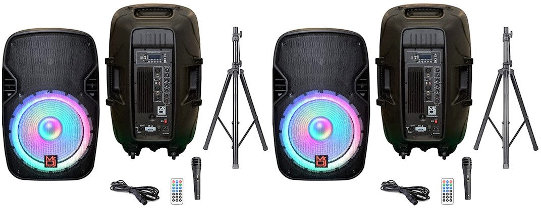 2 MR DJ PBX4200PKG 15" PA DJ 3000W Bluetooth LED Karaoke Speaker + Speaker Stand