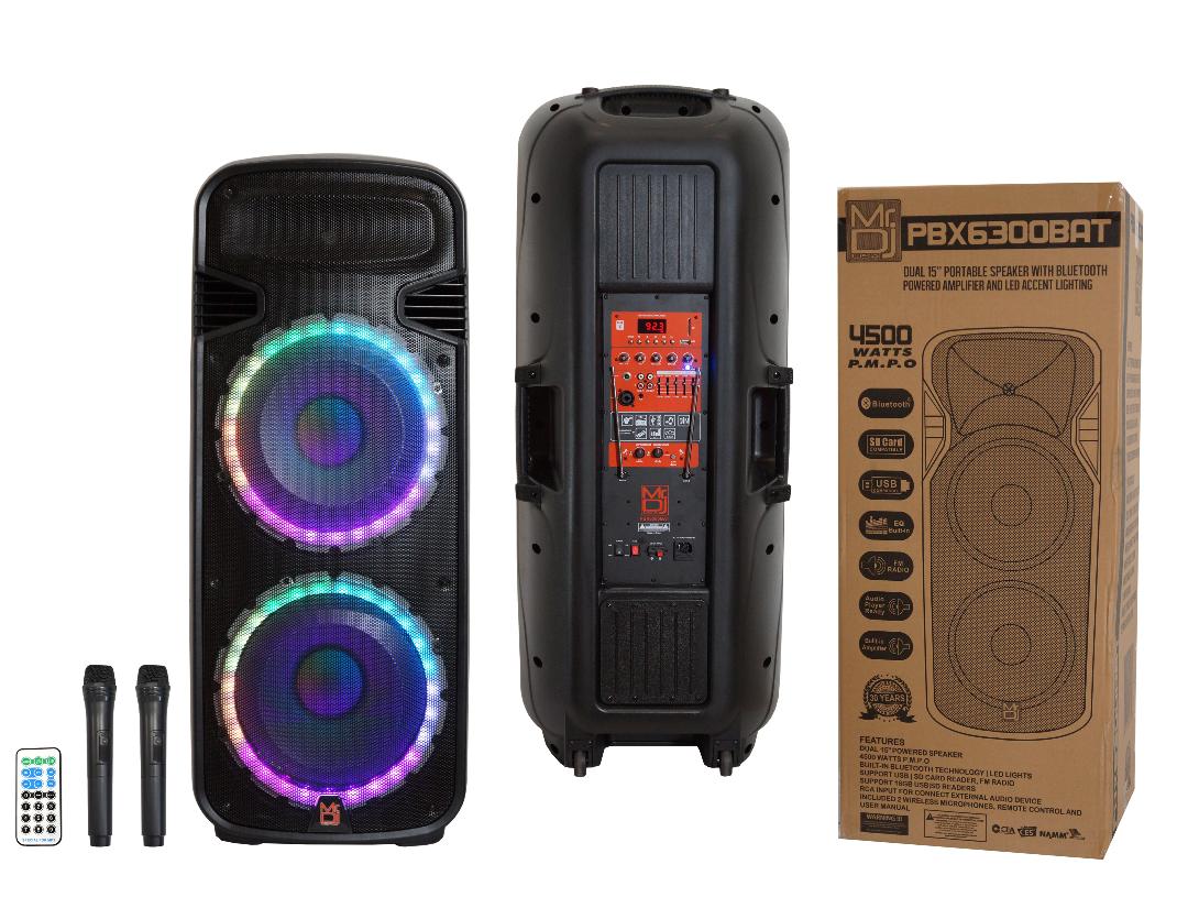 MR DJ PBX6300BAT 4500W Dual 15" Rechargeable PA DJ Party Speaker Bluetooth Light EQ MIC