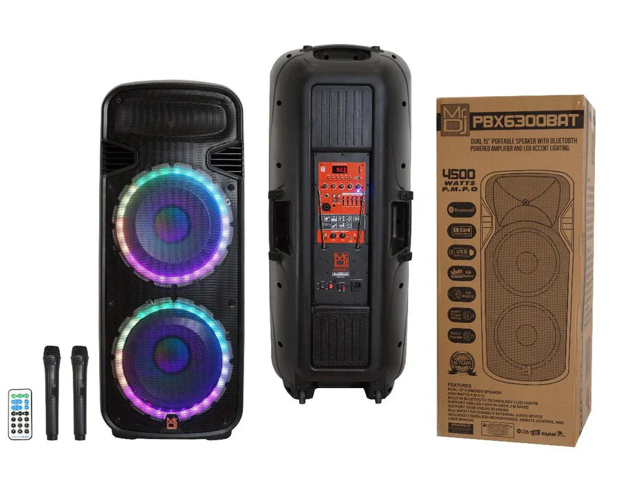 MR DJ PBX6300BAT DUAL 15" 4500W MAX POWER 2-WAY PA/DJ BLUETOOTH BATTERY SPEAKER