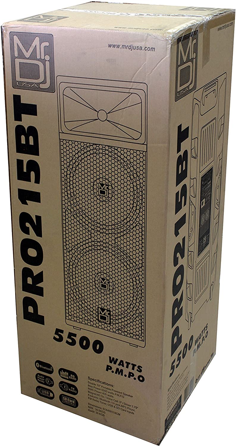 Mr Dj PRO215BT PA DJ Powered Speaker PRO PA DJ Dual 15" 3-Way Full-Range Powered/Active Loudspeaker