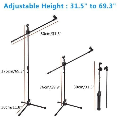 MR DJ MS700PKG 2 Microphone Stands Adjustable Boom Stage or Instrument with Mic Holder Clips & Carry Bag & 2 25' Cable