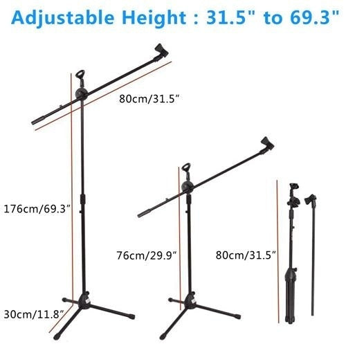 MR DJ MS800 Universal Heavy-Duty Tripod Microphone Stand with Mic Holder Clips