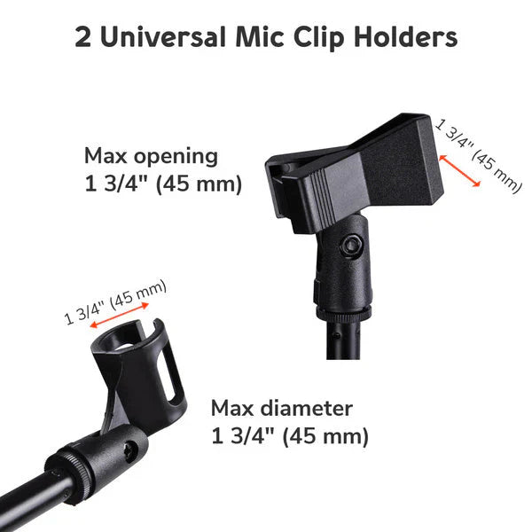 MR DJ MS700PKG 2 Microphone Stands Adjustable Boom Stage or Instrument with Mic Holder Clips & Carry Bag & 2 25' Cable