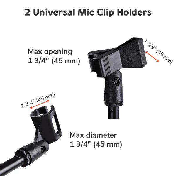 MR DJ MS700PKG 2 Microphone Stands Adjustable Boom Stage or Instrument with Mic Holder Clips & Carry Bag & 2 25' Cable