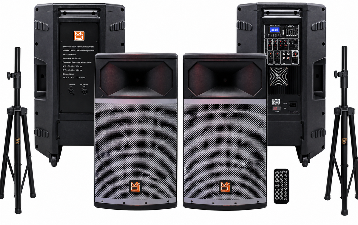 MR DJ PRO115BT & PRO115S PA DJ Active & Passive Speaker & Stands Professional PRO PA DJ 15" 2-Way Full-Range Active & Passive DJ PA Multipurpose Live Sound Loudspeaker