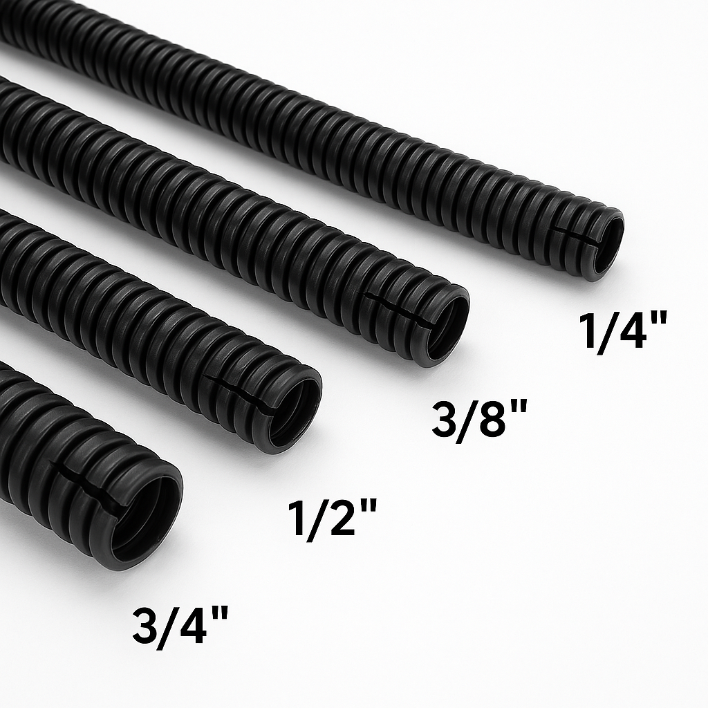 MR DJ 4-Pack 1/4", 3/8", 1/2", 3/4" x 25 Feet Each Split Wire Loom Convoluted Tubing