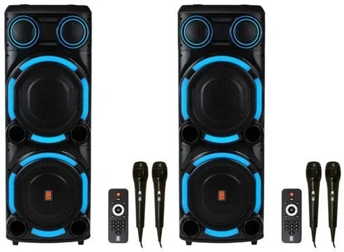 MR DJ USA Vegas+ Double 15" Bluetooth powered PA active speakers with LED lights and dual woofers.