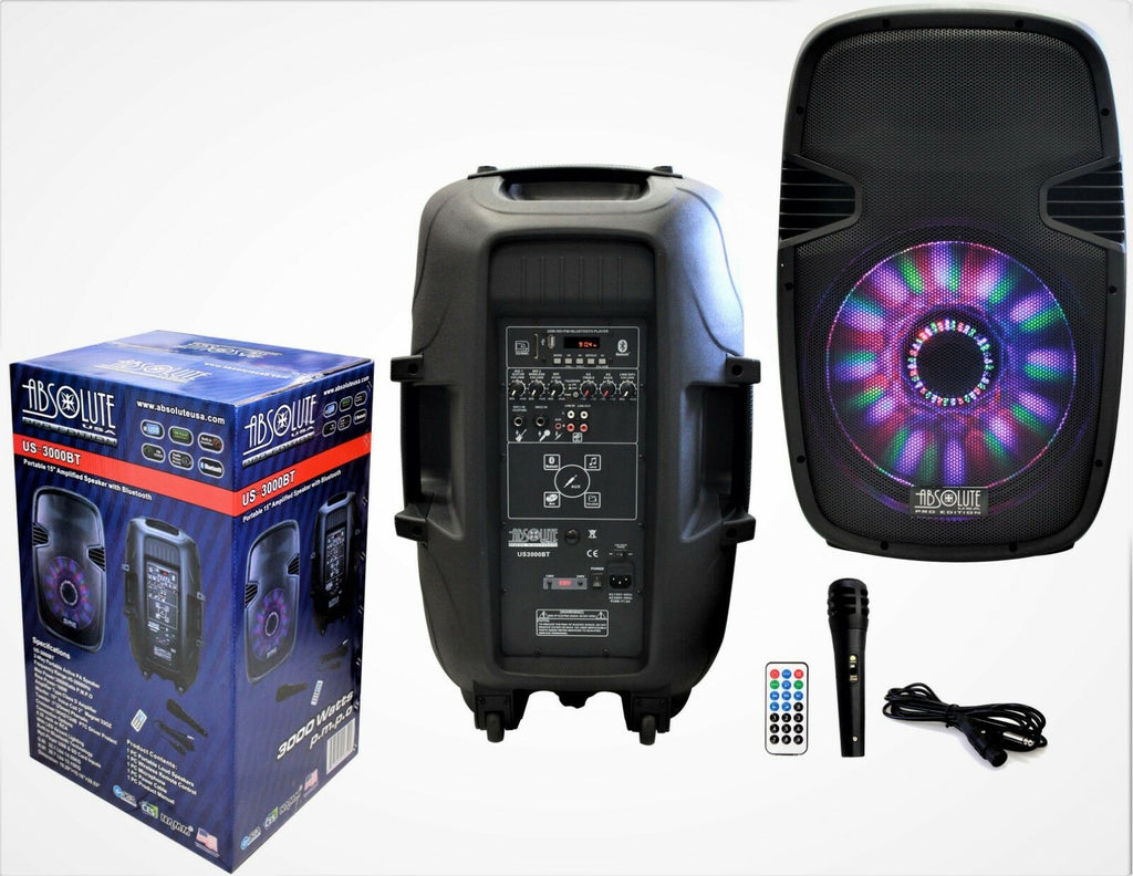 PRO DJ US3000BT 15" 2-Way Portable Speaker with LED Built-In Bluetooth, FM Radio