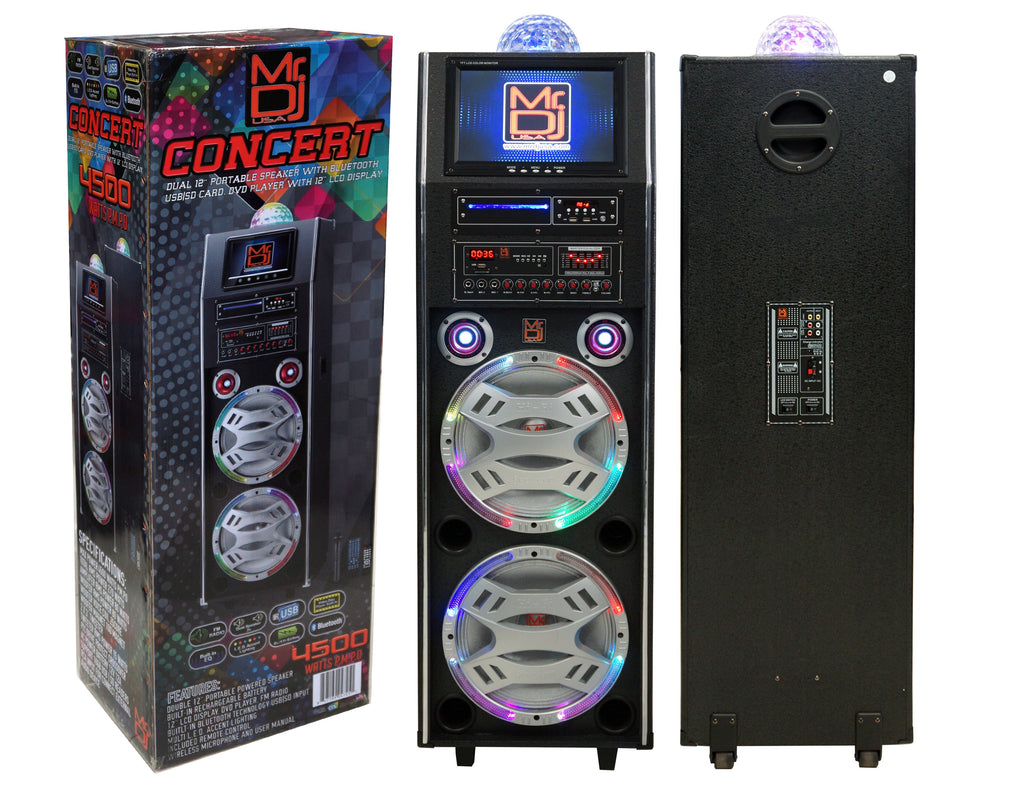 Mr. Dj Concert 3-Way Dual Portable Active Speaker, Max Power 4500W P.M.P.O, Built-in Rechargeable Battery, 12” LCD DVD Player Bluetooth Tecnology