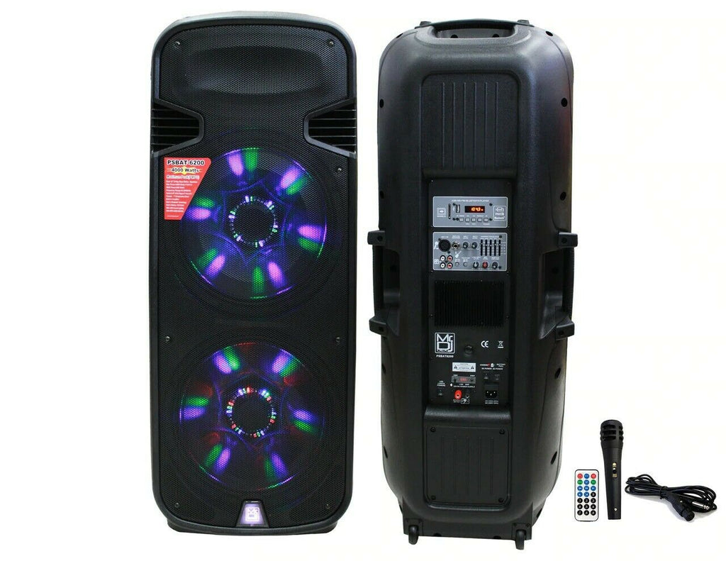 Mr Dj PSBAT6200<br/> Dual 15" Portable Rechargeable Battery 4000W Max Powered Active PA DJ Speaker with Built-In Bluetooth & LED Light