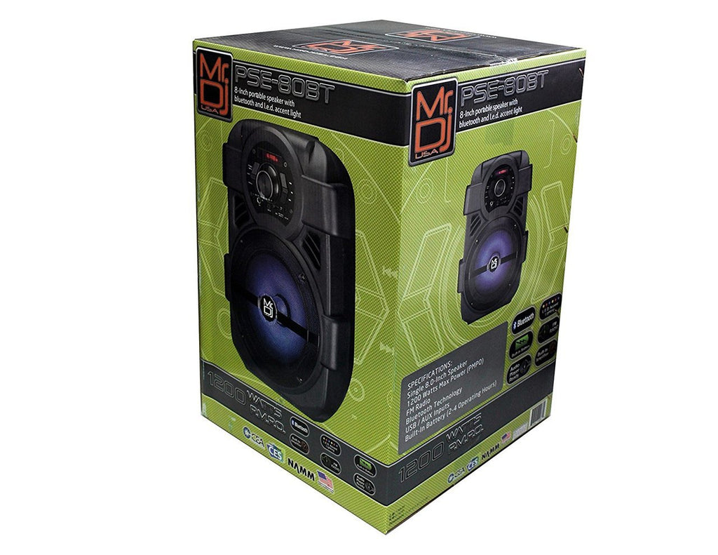 2 MR DJ PSE80BT Bluetooth Speaker<br/> 8" Portable Active Speaker with Rechargeable Battery Party Speaker with Bluetooth 1200 Watts P.M.P.O
