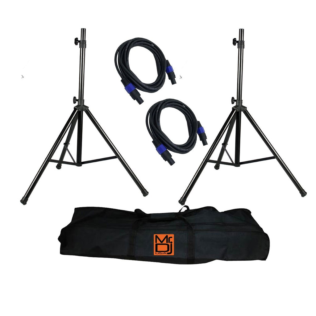 MR DJ SS850PKG Speaker Stand with Road Carrying Bag & Speakon Cable<br/> Universal Black Heavy Duty Folding Tripod PRO PA DJ Home On Stage Speaker Stand Mount Holder with Road Carrying Bag & 2 Speakon Male 25' Cable