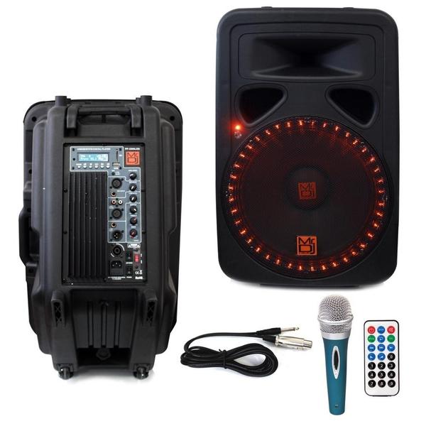 Mr Dj PP3500LED 15" Bluetooth Speaker<Br/>Portable 15" 2 Way Active Speaker with Bluetooth, SD, USB, FM, LED & Karaoke Mic
